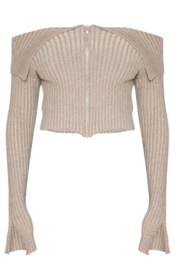 PrettyLittleThing Knitted Tops*Petite Contrast Knit Fold Over Zip Top