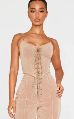 Best PrettyLittleThing Petite Faux Suede Lace Up Corset Top Taupe