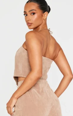 Best PrettyLittleThing Petite Faux Suede Lace Up Corset Top Taupe