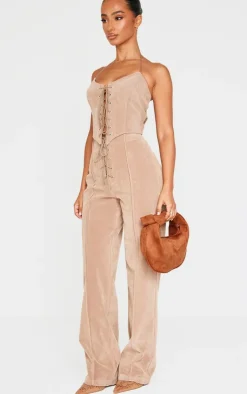 Best PrettyLittleThing Petite Faux Suede Lace Up Corset Top Taupe