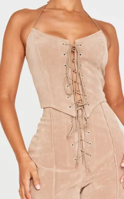 Best PrettyLittleThing Petite Faux Suede Lace Up Corset Top Taupe