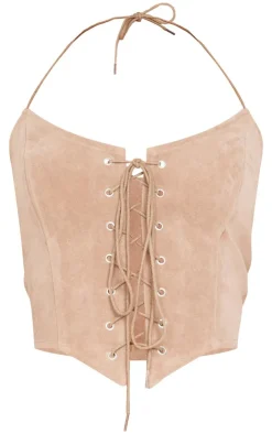 Best PrettyLittleThing Petite Faux Suede Lace Up Corset Top Taupe