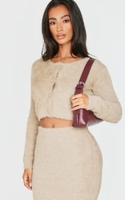 Outlet PrettyLittleThing Petite Fluffy Knit Cropped Cardigan Taupe