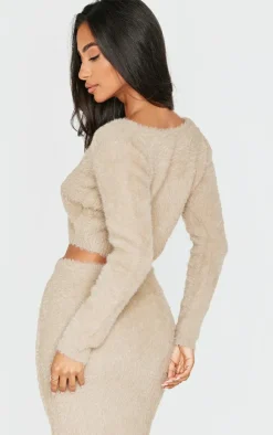 Outlet PrettyLittleThing Petite Fluffy Knit Cropped Cardigan Taupe