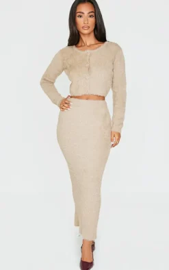 Outlet PrettyLittleThing Petite Fluffy Knit Cropped Cardigan Taupe