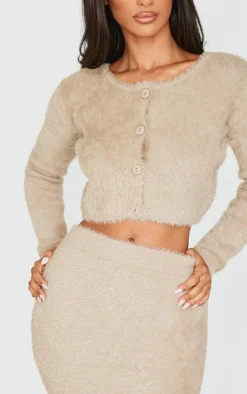Outlet PrettyLittleThing Petite Fluffy Knit Cropped Cardigan Taupe