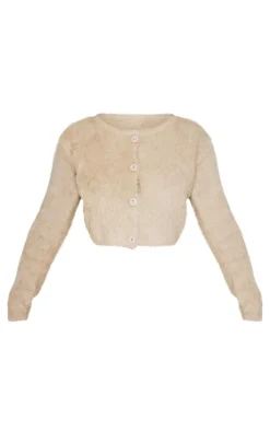 Outlet PrettyLittleThing Petite Fluffy Knit Cropped Cardigan Taupe