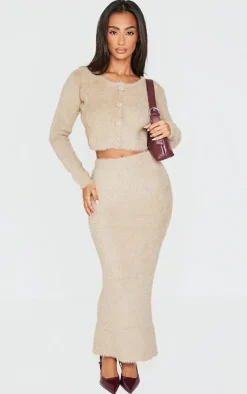 Clearance PrettyLittleThing Petite Fluffy Knit Low Waist Maxi Skirt Taupe