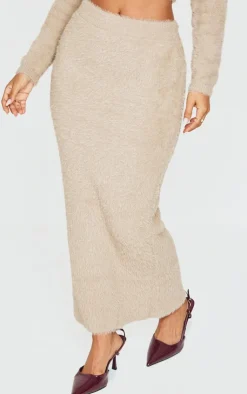 Clearance PrettyLittleThing Petite Fluffy Knit Low Waist Maxi Skirt Taupe