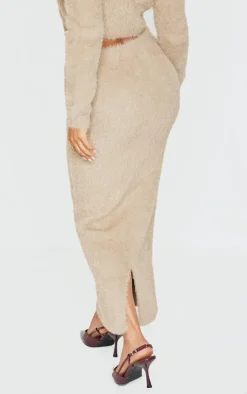 Clearance PrettyLittleThing Petite Fluffy Knit Low Waist Maxi Skirt Taupe