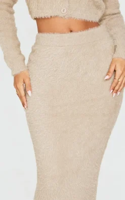 Clearance PrettyLittleThing Petite Fluffy Knit Low Waist Maxi Skirt Taupe