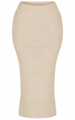 Clearance PrettyLittleThing Petite Fluffy Knit Low Waist Maxi Skirt Taupe