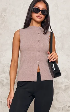 PrettyLittleThing Sleeveless Tops*Petite Knit Asymmetric Button Vest