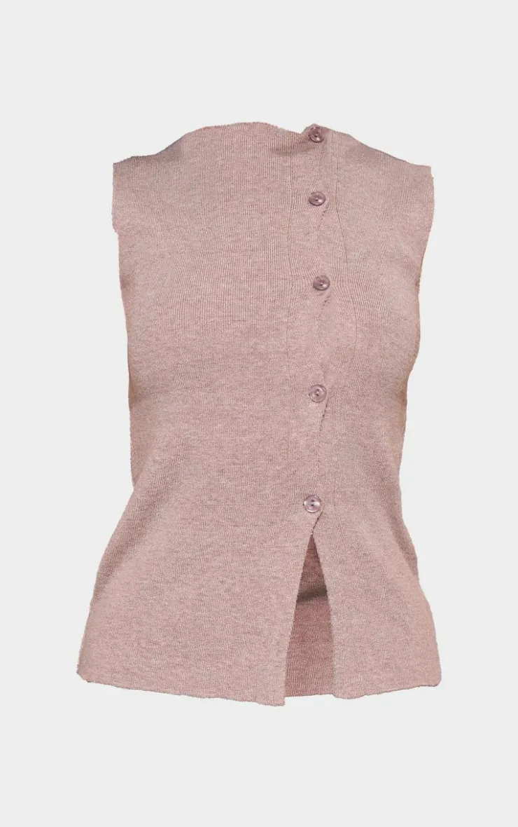 PrettyLittleThing Sleeveless Tops*Petite Knit Asymmetric Button Vest