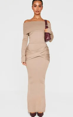 PrettyLittleThing Petite Knit Cross Front Maxi Skirt Taupe