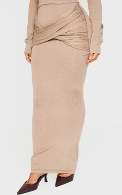 PrettyLittleThing Petite Knit Cross Front Maxi Skirt Taupe