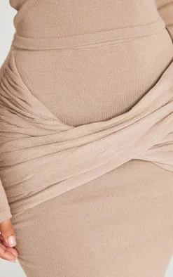PrettyLittleThing Petite Knit Cross Front Maxi Skirt Taupe