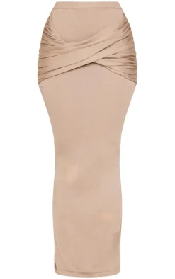 PrettyLittleThing Petite Knit Cross Front Maxi Skirt Taupe