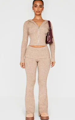 Outlet PrettyLittleThing Petite Knit Foldover Flared Pants Taupe