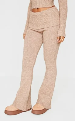 Outlet PrettyLittleThing Petite Knit Foldover Flared Pants Taupe