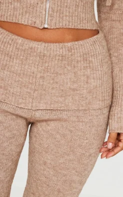 Outlet PrettyLittleThing Petite Knit Foldover Flared Pants Taupe