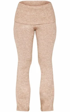 Outlet PrettyLittleThing Petite Knit Foldover Flared Pants Taupe