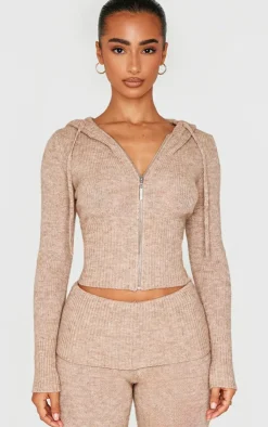 New PrettyLittleThing Petite Knit Long Sleeve Zip Up Hoodie Taupe