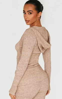New PrettyLittleThing Petite Knit Long Sleeve Zip Up Hoodie Taupe
