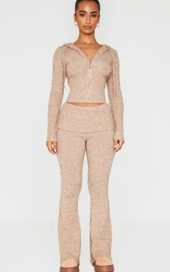 New PrettyLittleThing Petite Knit Long Sleeve Zip Up Hoodie Taupe