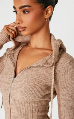 New PrettyLittleThing Petite Knit Long Sleeve Zip Up Hoodie Taupe