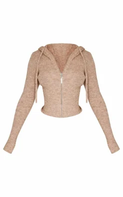 New PrettyLittleThing Petite Knit Long Sleeve Zip Up Hoodie Taupe
