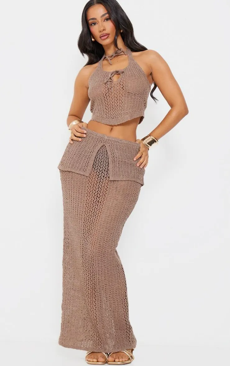 Sale PrettyLittleThing Petite Knitted Fold Over Midaxi Skirt Taupe