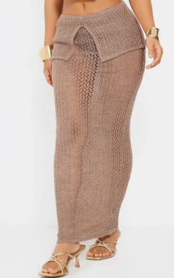 Sale PrettyLittleThing Petite Knitted Fold Over Midaxi Skirt Taupe