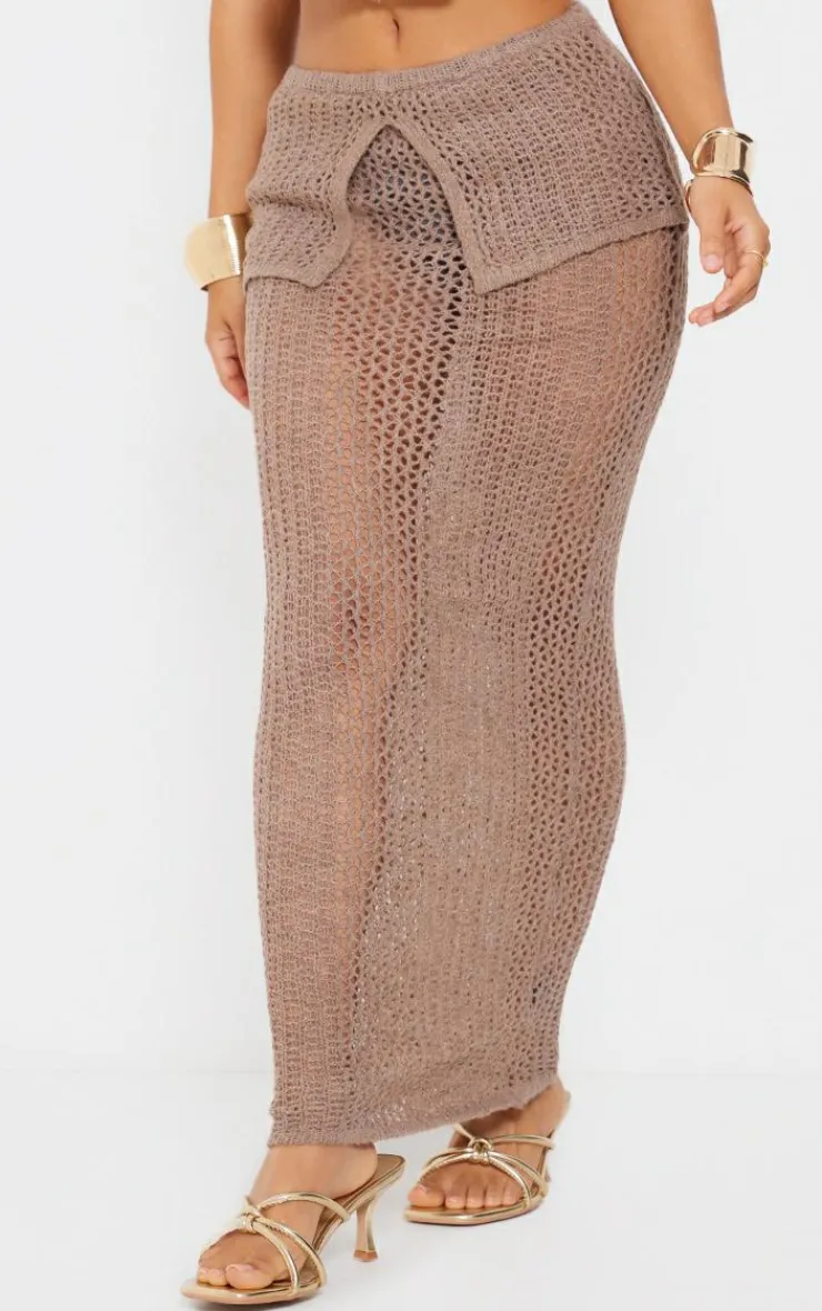 Sale PrettyLittleThing Petite Knitted Fold Over Midaxi Skirt Taupe