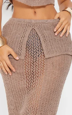 Sale PrettyLittleThing Petite Knitted Fold Over Midaxi Skirt Taupe
