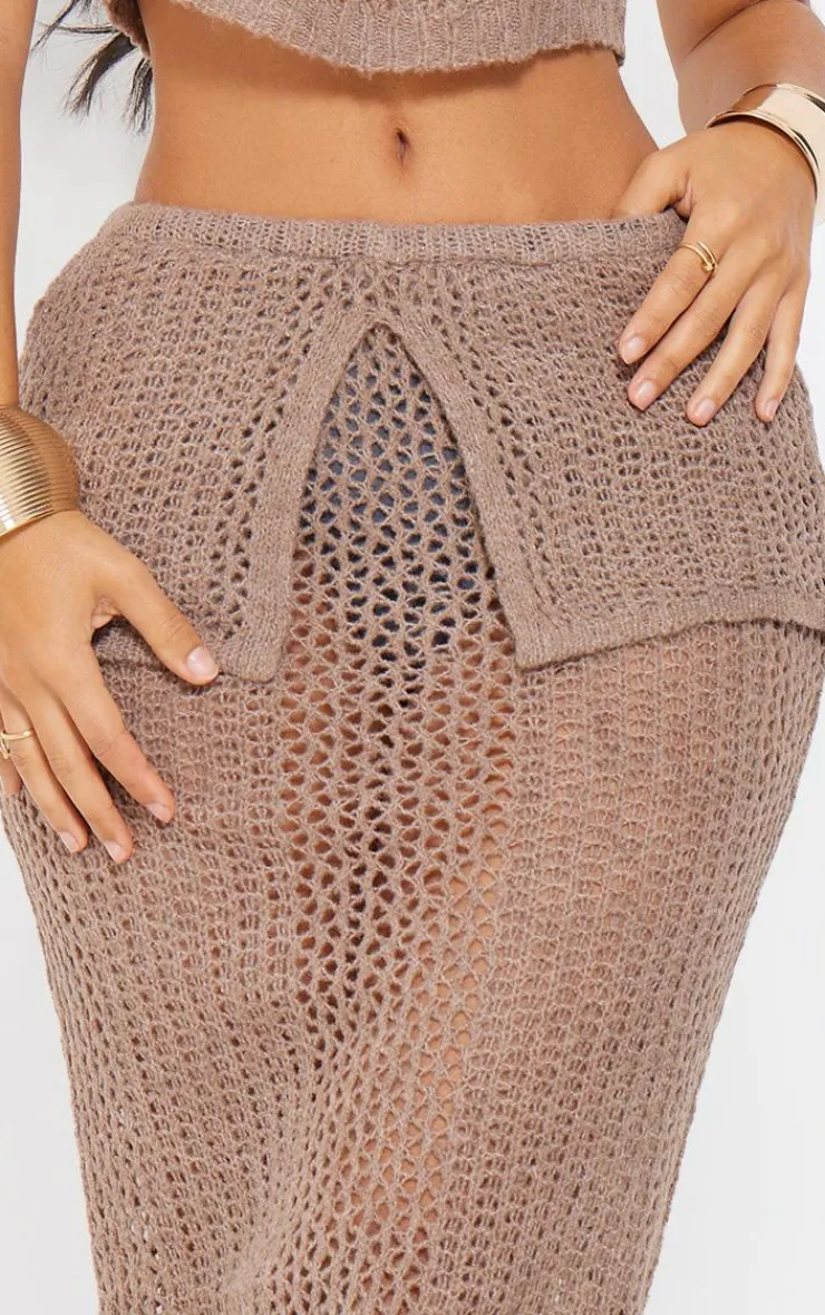 Sale PrettyLittleThing Petite Knitted Fold Over Midaxi Skirt Taupe