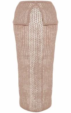 Sale PrettyLittleThing Petite Knitted Fold Over Midaxi Skirt Taupe