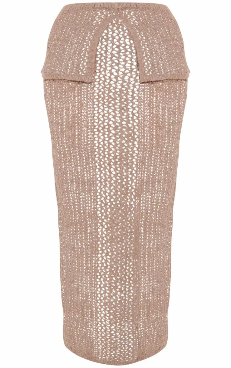 Sale PrettyLittleThing Petite Knitted Fold Over Midaxi Skirt Taupe