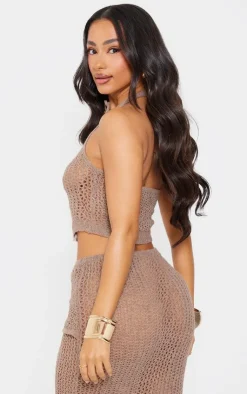 Sale PrettyLittleThing Petite Knitted Halterneck Cut Out Top With Tie Details Taupe