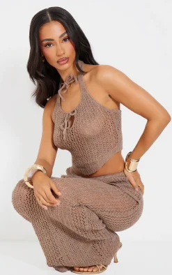 Sale PrettyLittleThing Petite Knitted Halterneck Cut Out Top With Tie Details Taupe