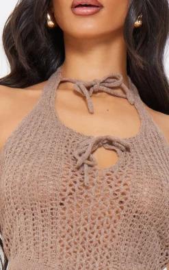 Sale PrettyLittleThing Petite Knitted Halterneck Cut Out Top With Tie Details Taupe