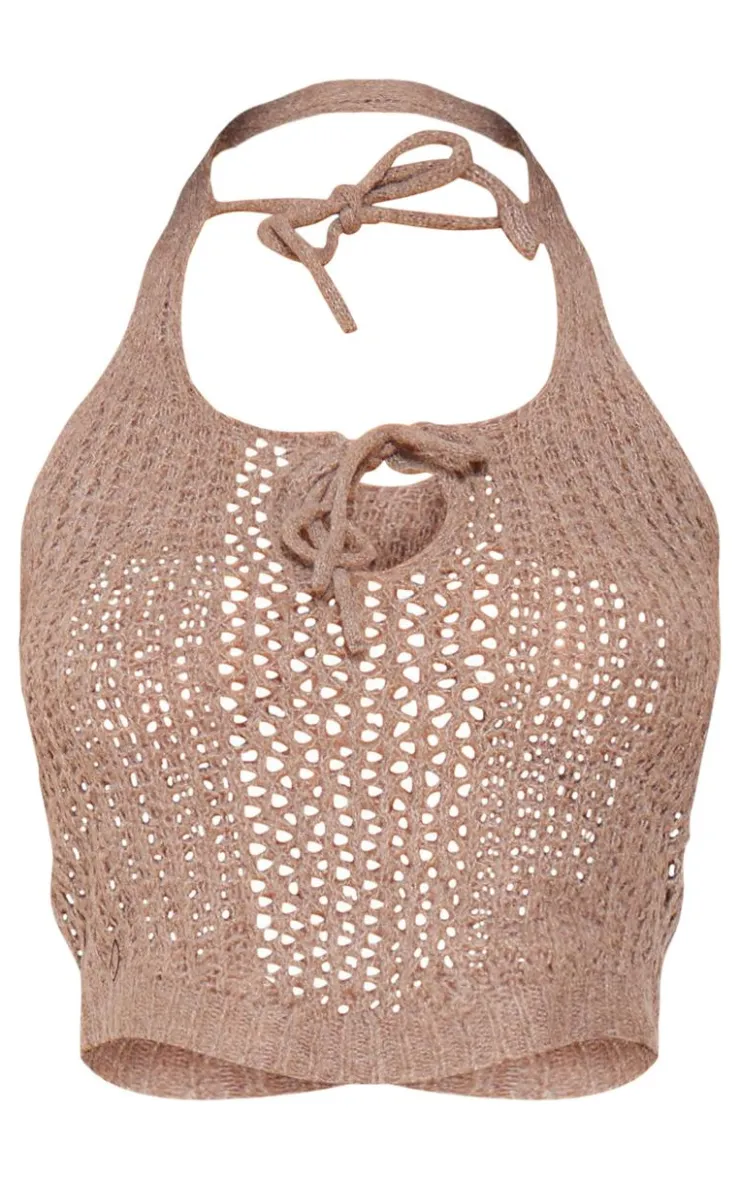 Sale PrettyLittleThing Petite Knitted Halterneck Cut Out Top With Tie Details Taupe