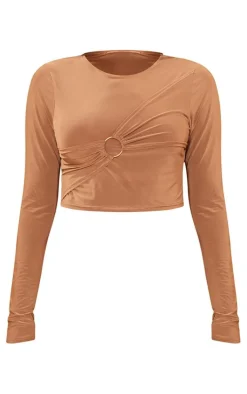 Online PrettyLittleThing Petite Long Sleeve Slinky Crop Top Taupe