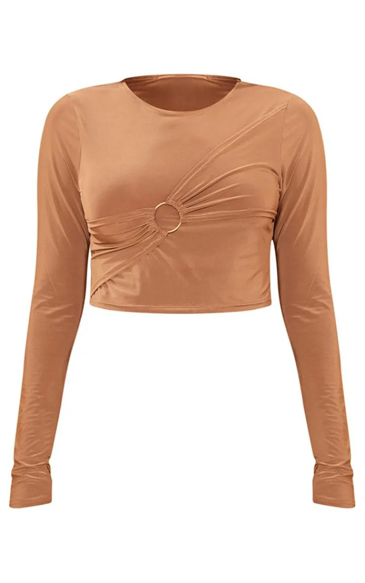 Online PrettyLittleThing Petite Long Sleeve Slinky Crop Top Taupe