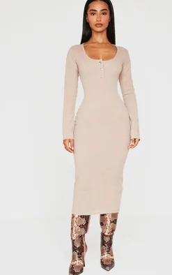 Petite Long Sleeve Brushed Rib Button Detail Midi Dress-PrettyLittleThing Clearance