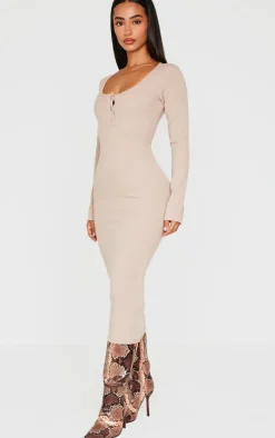 Petite Long Sleeve Brushed Rib Button Detail Midi Dress-PrettyLittleThing Clearance