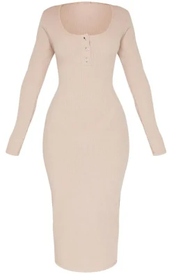 Petite Long Sleeve Brushed Rib Button Detail Midi Dress-PrettyLittleThing Clearance