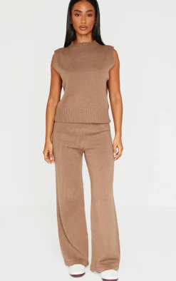 Discount PrettyLittleThing Petite Marl Soft Knit Wide Leg Pants Taupe