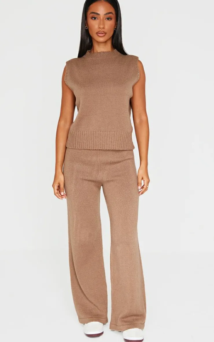Discount PrettyLittleThing Petite Marl Soft Knit Wide Leg Pants Taupe