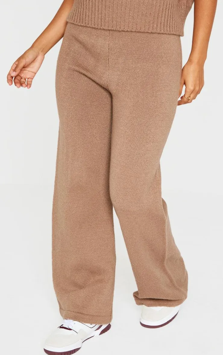 Discount PrettyLittleThing Petite Marl Soft Knit Wide Leg Pants Taupe